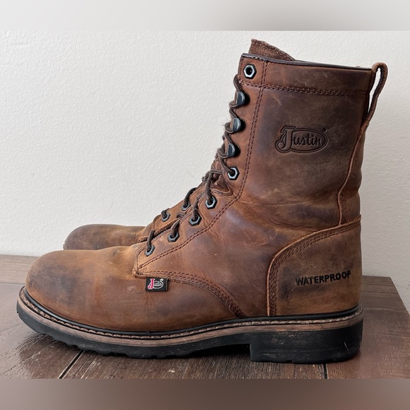 Justin Drywall Brown Leather Waterproof Lace Up Boots Safety Toe Mens size 9 D - Picture 1 of 11
